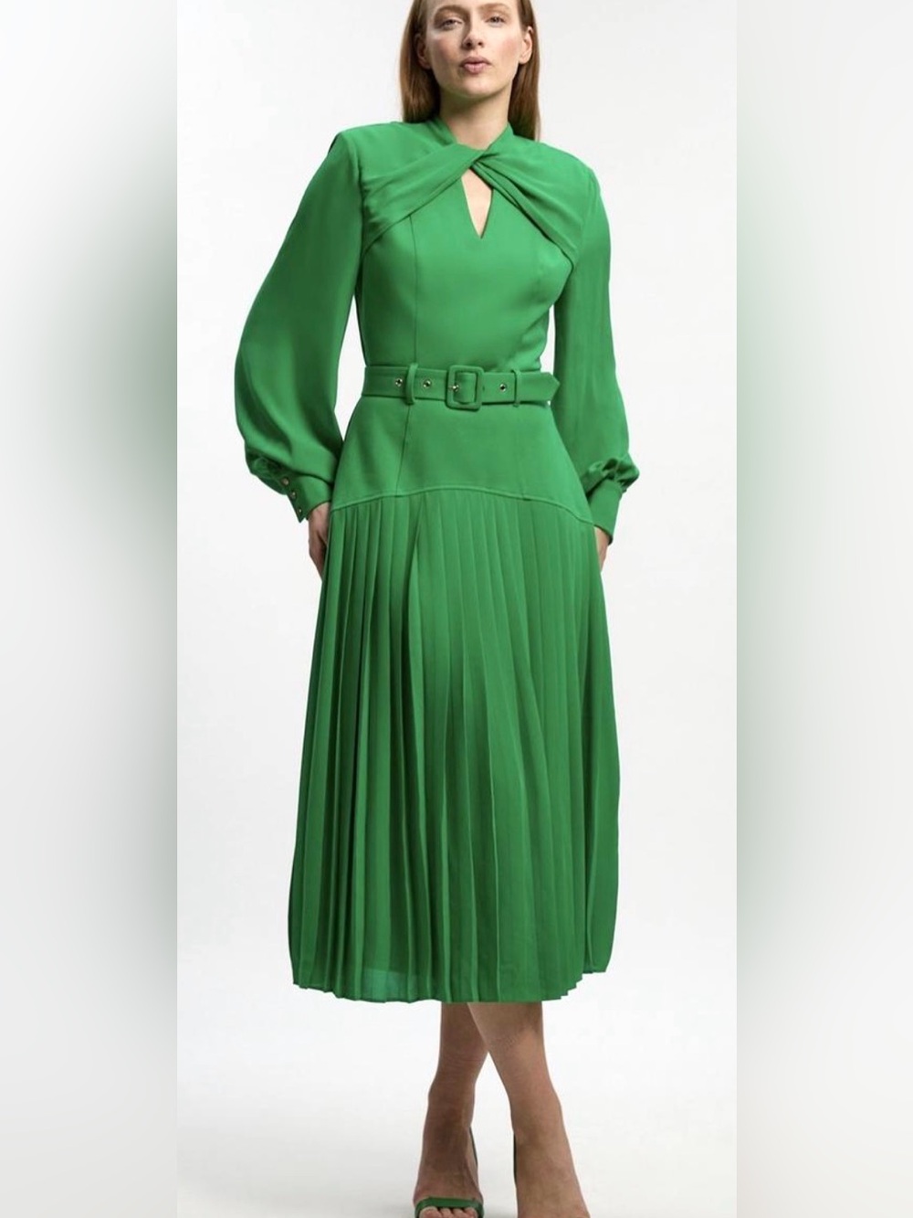 Karen Millen Emerald Green Pleated Midi Dress with Belt